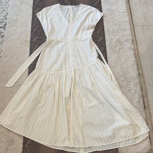 Zara Cream V-Neck Midi Dress with Waist Ties